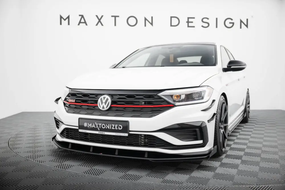 Aktuální Maxton Design "Street Pro" spoiler pod přední nárazník s křidélky pro Volkswagen Jetta Mk7 GLI, černý lesklý plast ABS, s černou linkou